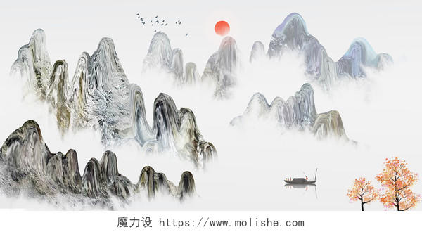 中国风意境水墨山水风景原创插画